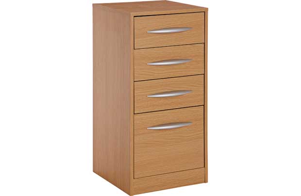 This oak wooden filing cabinet has four drawers to store paperwork or other office essentials. A great addition