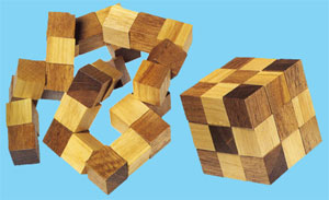 This sneaky wooden serpent ia a real challenge to unwind. It has a chain of 27 cubelets. These cubel