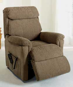 This luxury reclining chair with electric power lift is upholstered in 100 polyester with sprung foa