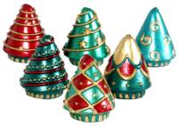 Six mini decorated Christmas Tree candles in a gift set.  Each candle in the set has an individual