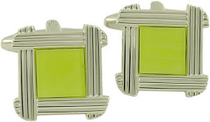 Silver-coloured square cufflinks with a yellow centre bordered with lined bars.