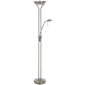 Brushed stainless steel floor lamp which features both an uplighter with dimmer, with a frosted glas