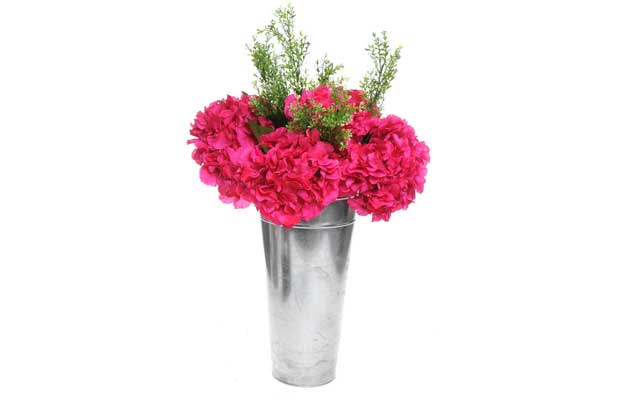 Simple but effective silver zinc planter with stunning extra large artificial deep pink hydranger and artificial leucodenron leaf spray araangement. Size H80cm. EAN: 5051211016545. (Barcode EAN=5051211016545)