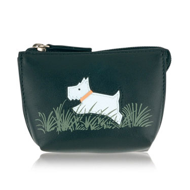 A dinky nappa leather pouch decorated with an active Radley playfully leaping through a field of hay