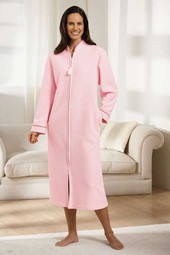 Warm and soft housecoat in polar fleece. Zip front mandarin collar. Attractive braiding to collar an