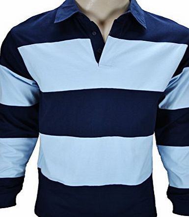 US BASIC New Mens Rugby Top Shirt Striped Cotton Long Sleeve Casual S M L XL XXL XXXL (Medium ( M ), Blue/Navy)