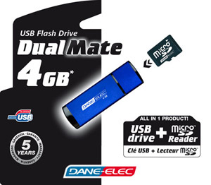 2.0 Flash / Key Drive - 4GB - Dane Elec DualMate - USB Drive   MicroSD HC Memory Reader