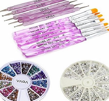 VAGA Amazing Value Highest Quality Professional Nail Art Accessories Set Kit With 5 Purple Double Ended Dotting / Marbling Tools / Dotters, 7 Purple Brushes / Stripers / Liners, Wheels of 1200 Silver Rhine