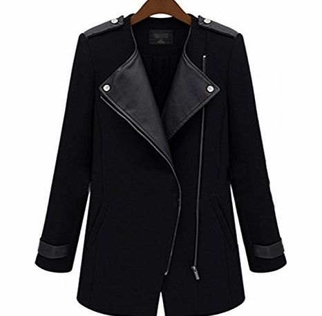 Winter Women Warm Lapel Collar Coat Long Leather Sleeve Jacket Parka Trench (M, Black)