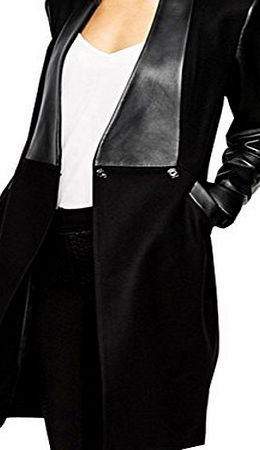 Vakind Womens Lapel Woolen PU Leather Sleeve Slim Coat Jacket Trench Parka Outwear (M)