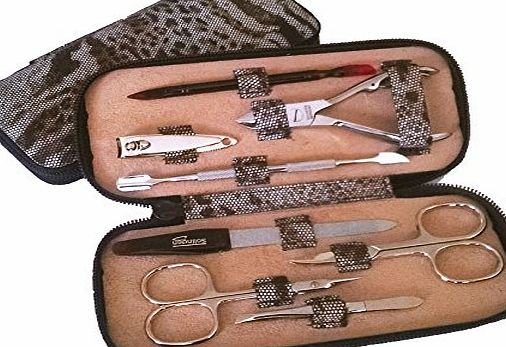 VAMA Beauty Luxury Leather with Leopard Effect 8 Piece Female Manicure Pedicure Personal Nail Care Set - 10 Years Warranty