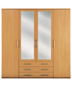 4 Door 3 Drawer Mirrored Wardrobe - Pine