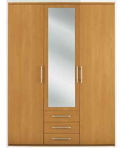 Mirrored 3 Door 3 Drawer Wardrobe - Pine