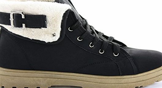 VanityStar Black Size 5 Ladies Boots Womens Shoes Military High Ankle Lace Up Buckle Fur Lined Winter