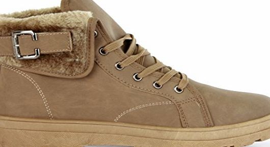 VanityStar Khaki Size 8 Ladies Boots Womens Shoes Military High Ankle Lace Up Buckle Fur Lined Winter