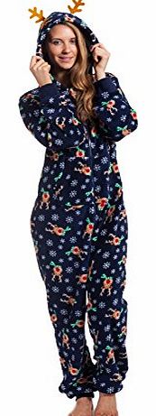 Womens Christmas Fun Super Soft Cosy Onezee Onesies Gown With Hood Gift For Her (L/XL, Navy Reindeer)