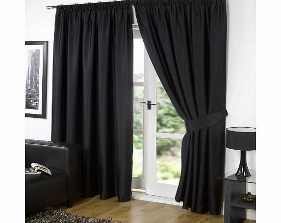 Pair of BLACK 46`` Width x 54`` Drop , Supersoft Thermal BLACKOUT Curtains INCLUDING PAIR OF MATCHING TIE BACKS, Winter Warm but Summer Cool by VICEROY BEDDING