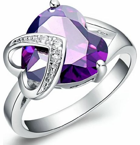  Platinum-Plate Overlapping Rhinestones Hearts Ring Purple