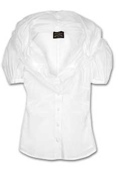 White cotton exaggerated shawl collar demi-sheer fitted shirt with puff short sleeves.