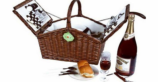 Vivo Country VivoCountry 4 Person Classic English Willow Picnic Basket Hamper with Cutlery, Corkscrew, Wine Glasses, Plates
