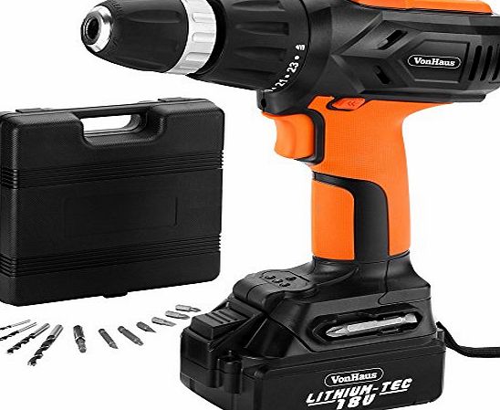 VonHaus 18V Li-Ion Fast Charge Cordless Drill/Driver complete with 13 piece accessory set   Carry Case