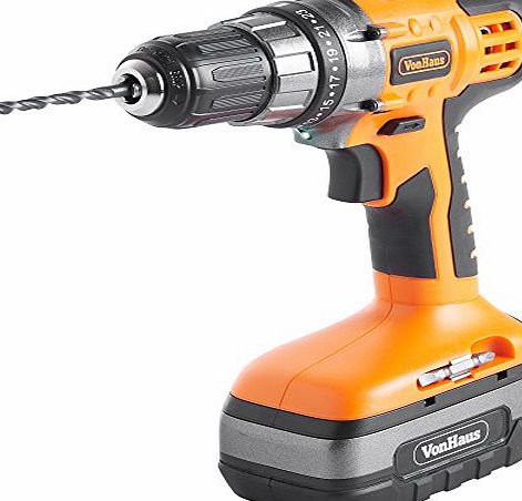 VonHaus 18V Ni-Cd Cordless Drill complete with blow-mould carry case and accessories.