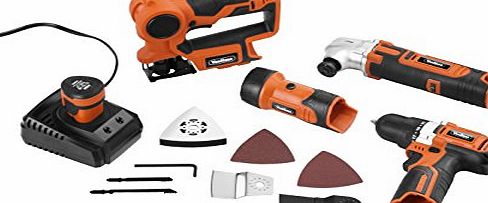 4 Piece 12V li-ion Power Tool Set including 2-Speed Drill / Driver, Mini Circular Saw, Orbital Sander, Flash Light / Torch. Complete with Carry Case and 1 hour charger.