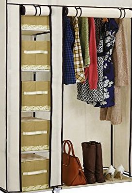VonHaus Double Canvas Wardrobe Clothes Cupboard Hanging Rail Storage - 6 Shelves - Beige - 110 x 175 x 45cm
