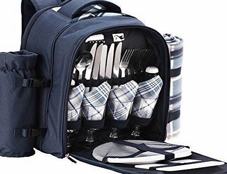 VonShef - 4 Person Blue Tartan Picnic Backpack with cooler compartment, detachable bottle/wine holder, fleece blanket, cutlery and plates