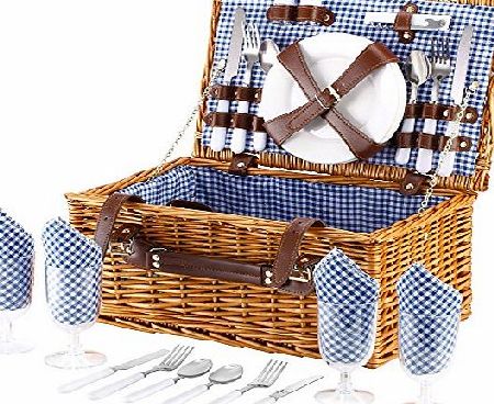 VonShef - 4 Person Wicker Picnic Basket Hamper Set with cutlery, plates and wine glasses included - blue checked pattern lining