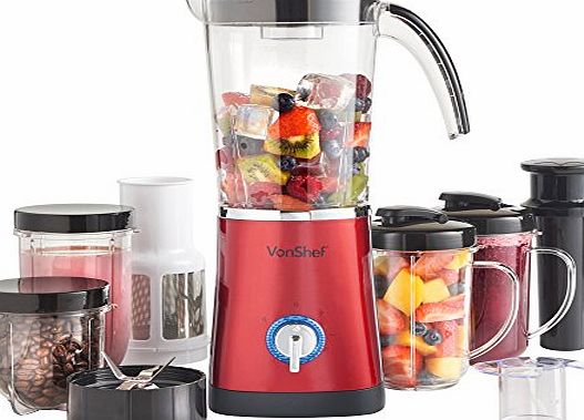VonShef 4 in 1 Multifunctional Red 1L Smoothie Maker, Free 2 Year Warranty - 1.5 Litre Blender, Juicer amp; Grinder