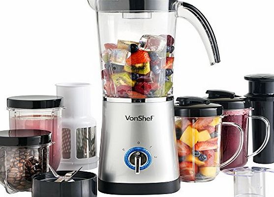 VonShef 4 in 1 Multifunctional Silver 1 Litre Smoothie Maker, Free 2 Year Warranty - 1.5 Litre Blender, Juicer, Mugs amp; Grinder