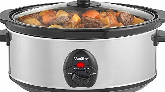 VonShef Automatic Electric Slow Cooker 3.5L Litres Stainless Steel - Removable Oval Oven to Table Dish with Toughened Glass Lid