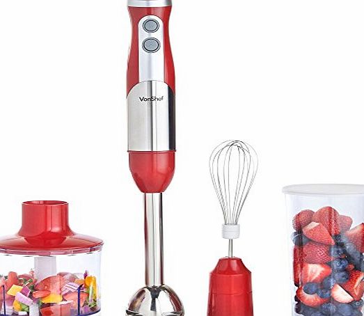 VonShef Multifunctional Red 3-in-1 Hand Blender, Food Blending Collection, 800W, Stainless Steel - Includes 500ml Food Processor Bowl, Egg Whisk amp; 500ml Beaker