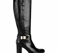 Black leather and gold-tone buckle boots