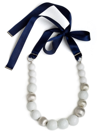 Short White Onyx And Navy Ribbon Necklace