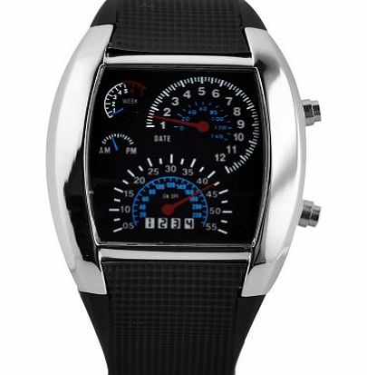 Watches4u Mens New *Hot Sell 2013* Sports Car Meter Blue amp; White Light Dot Matrix RPM Turbo Design, Black Strap, Digital Calendar Led Wrist-Watch   Free UK Delivery!