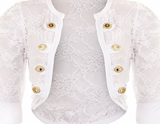 WearAll Lace Button Design Stretch Shrug Cardigan Ruched Short Sleeve Womens Top White 12/14