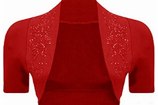 WearAll Ladies Beaded Shrug Short Sleeved Cardigan Top - Red - 12 / 14