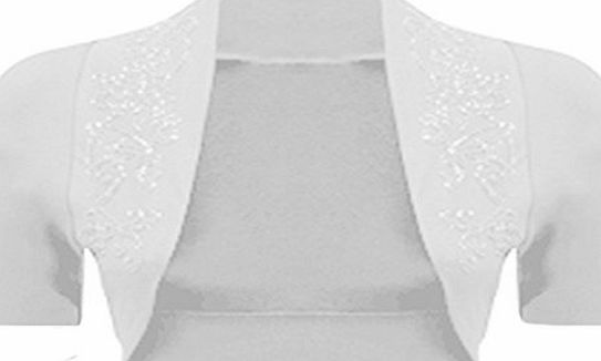WearAll Ladies Beaded Shrug Short Sleeved Cardigan Top - White - 8 / 10