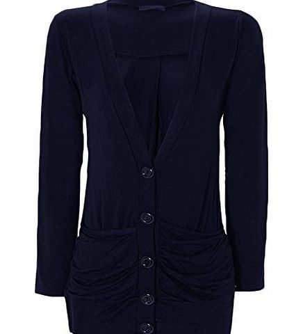 WearAll Ladies Stretch Long Sleeve Button Pocket Cardigan Top Womens Navy Blue 12/14