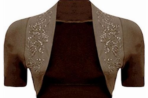 WearAll New Ladies Plus Size Beaded Shrug Womens Short Sleeve Bolero Cardigan Top Mocha 24/26
