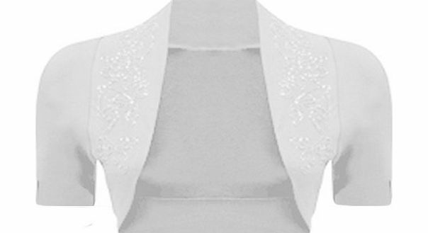 WearAll New Ladies Plus Size Beaded Shrug Womens Short Sleeve Bolero Cardigan Top White 20/22
