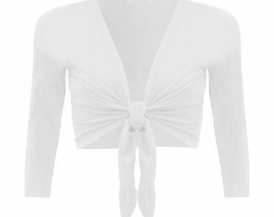WearAll New Ladies Shrug Tie Up Long Sleeve Top Womens White 8/10