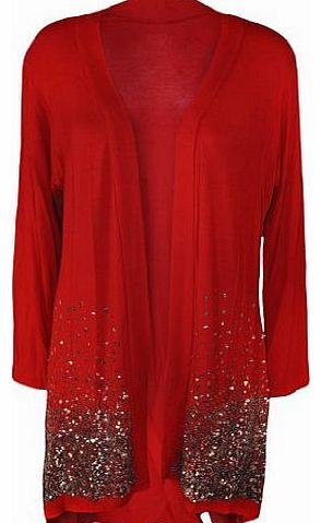 WearAll New Plus Size Ladies Sequin Cardigan Long Sleeve Womens Sparkle Top - Red - 16-18