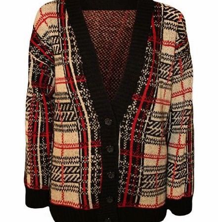 WearAll New Womens Tartan Checked Knitted Ladies Cardigan - Black - 14-16