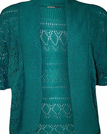 WearAll Plus Size Womens Crochet Knitted Short Sleeve Ladies Shrug Cardigan Top - Teal - 20-22