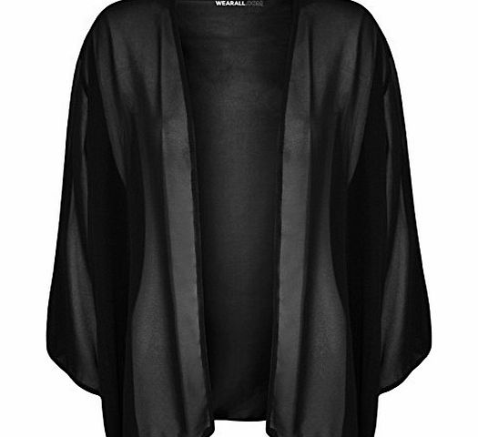 WearAll Plus Size Womens Plain 3/4 Sleeve Ladies Open Kimono Cardigan Top - Black - 24-26