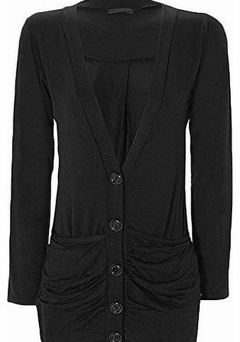 Plus Size Womens Ruched Pocket Button Cardigan Ladies Long Sleeve Top - Black - 20/22