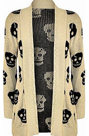 WearAll Plus Size Womens Skull Long Sleeve Open Top Ladies Knitted Cardigan - Stone - 16-18